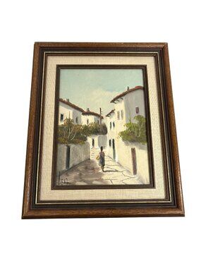 Vintage Mediterranean Village Street Scene Painting Framed European Alley Signed
